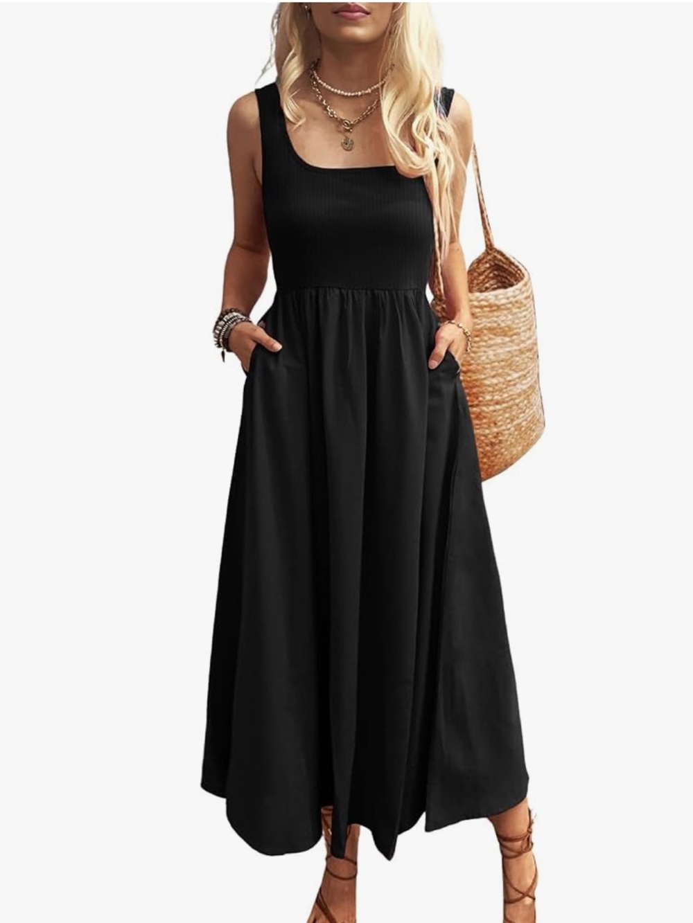 Little Black Dress Tank Midi Dress || Fit And Flare two Tone Texture Sleeveless